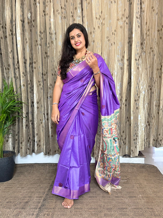 Purple Pure Tussar Moonga Silk Madhubani Handpainted Saree