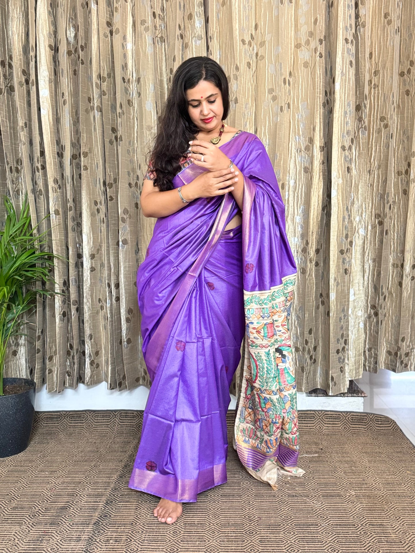 Purple Pure Tussar Moonga Silk Madhubani Handpainted Saree
