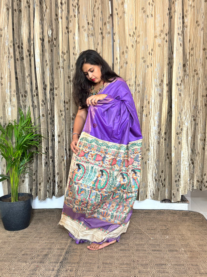 Purple Pure Tussar Moonga Silk Madhubani Handpainted Saree