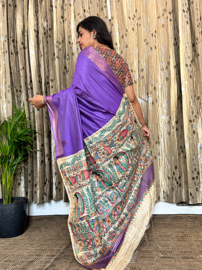 Purple Pure Tussar Moonga Silk Madhubani Handpainted Saree