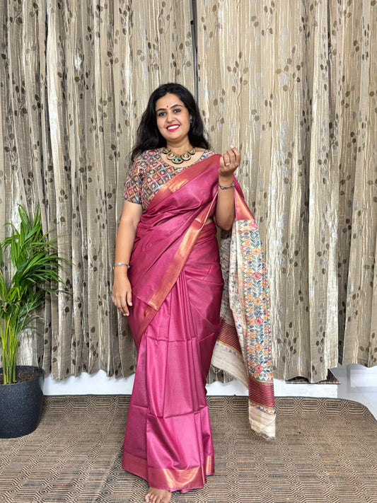 Burnt Pink Pure Tussar Moonga Silk Madhubani Handpainted Saree