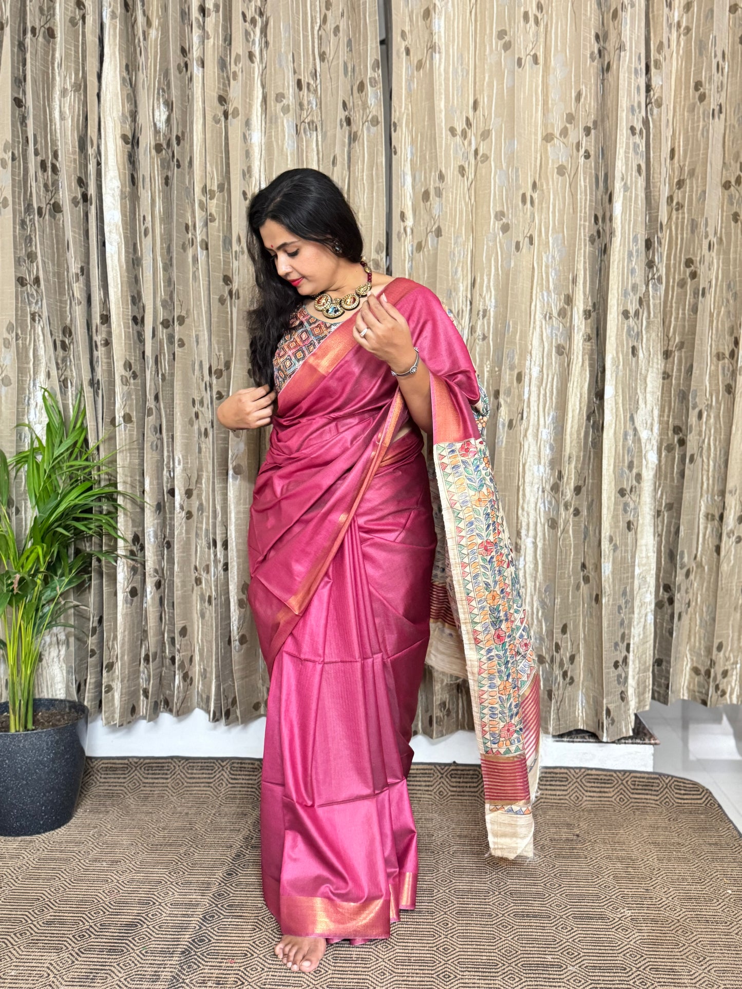 Burnt Pink Pure Tussar Moonga Silk Madhubani Handpainted Saree