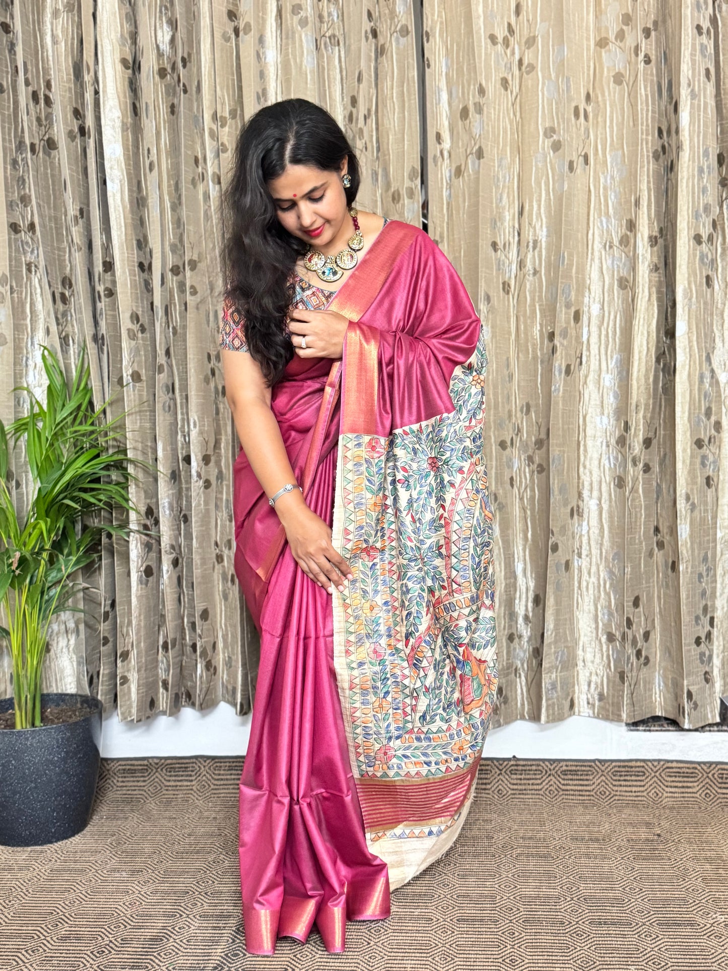 Burnt Pink Pure Tussar Moonga Silk Madhubani Handpainted Saree