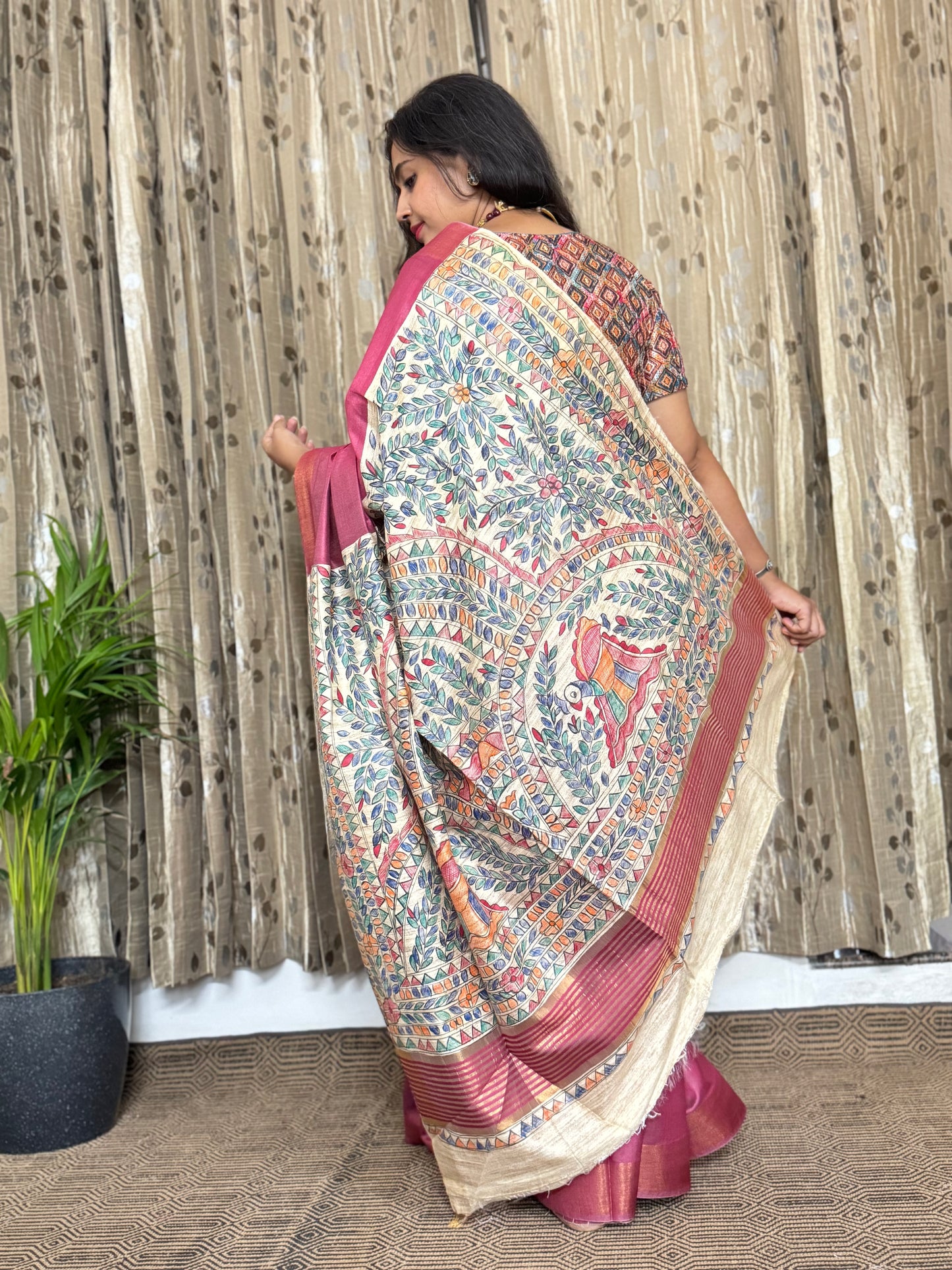 Burnt Pink Pure Tussar Moonga Silk Madhubani Handpainted Saree