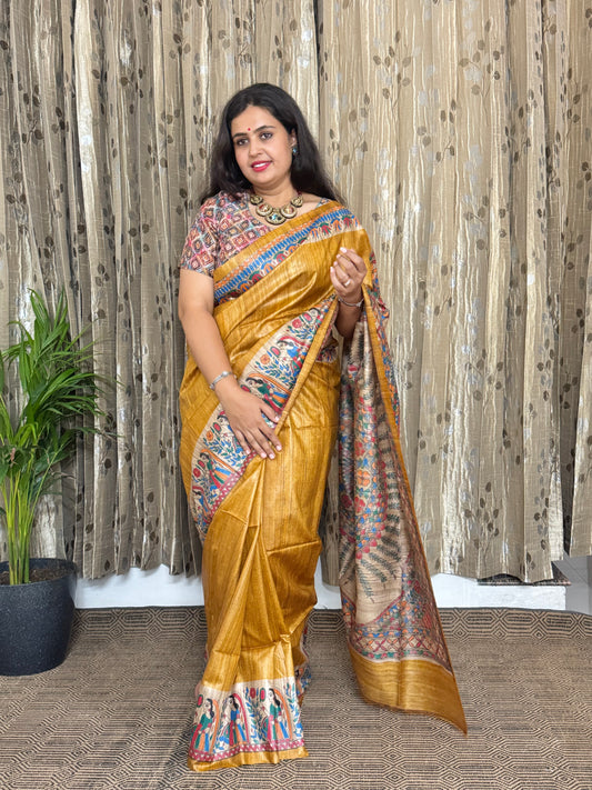 Yellow Tussar Ghicha Madhubani Silk Saree (BLOUSE)