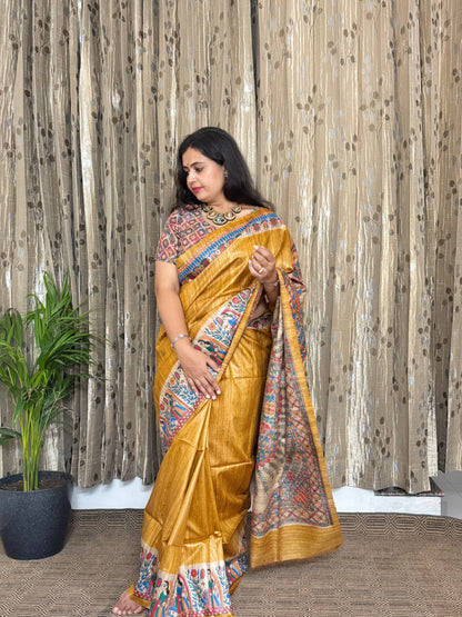 Yellow Tussar Ghicha Madhubani Silk Saree (BLOUSE)
