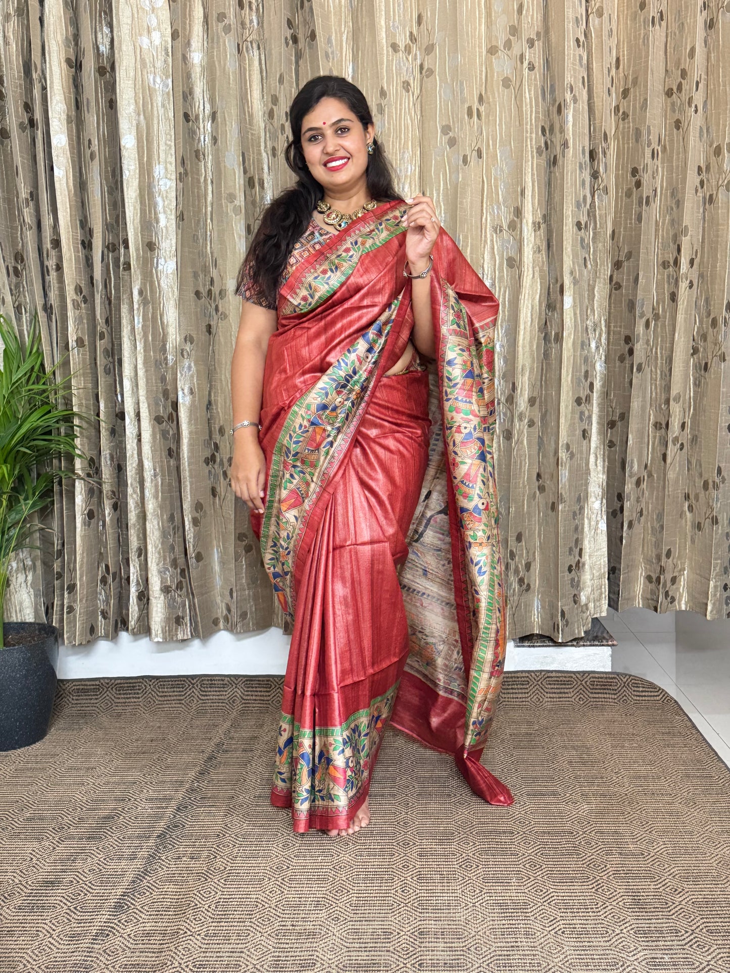 Red Tussar Ghicha Madhubani Silk Saree