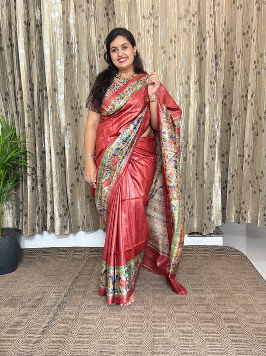 Red Tussar Ghicha Madhubani Silk Saree