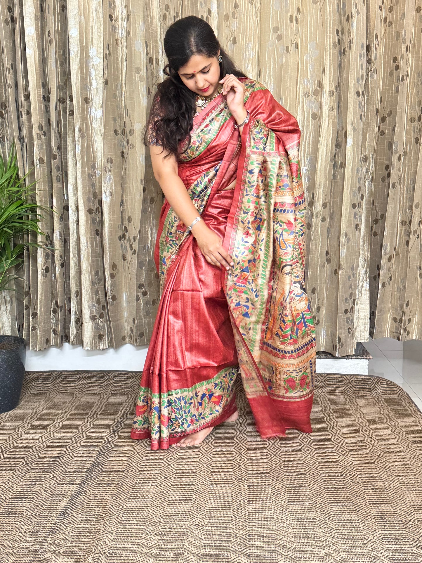 Red Tussar Ghicha Madhubani Silk Saree