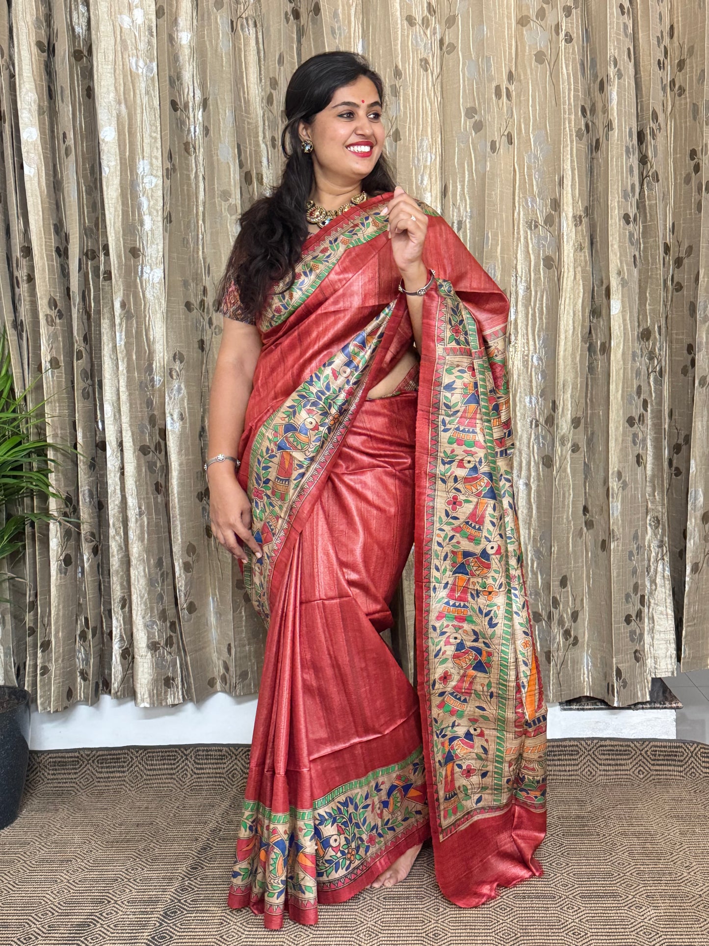 Red Tussar Ghicha Madhubani Silk Saree