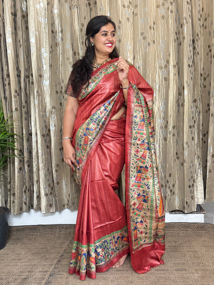 Red Tussar Ghicha Madhubani Silk Saree