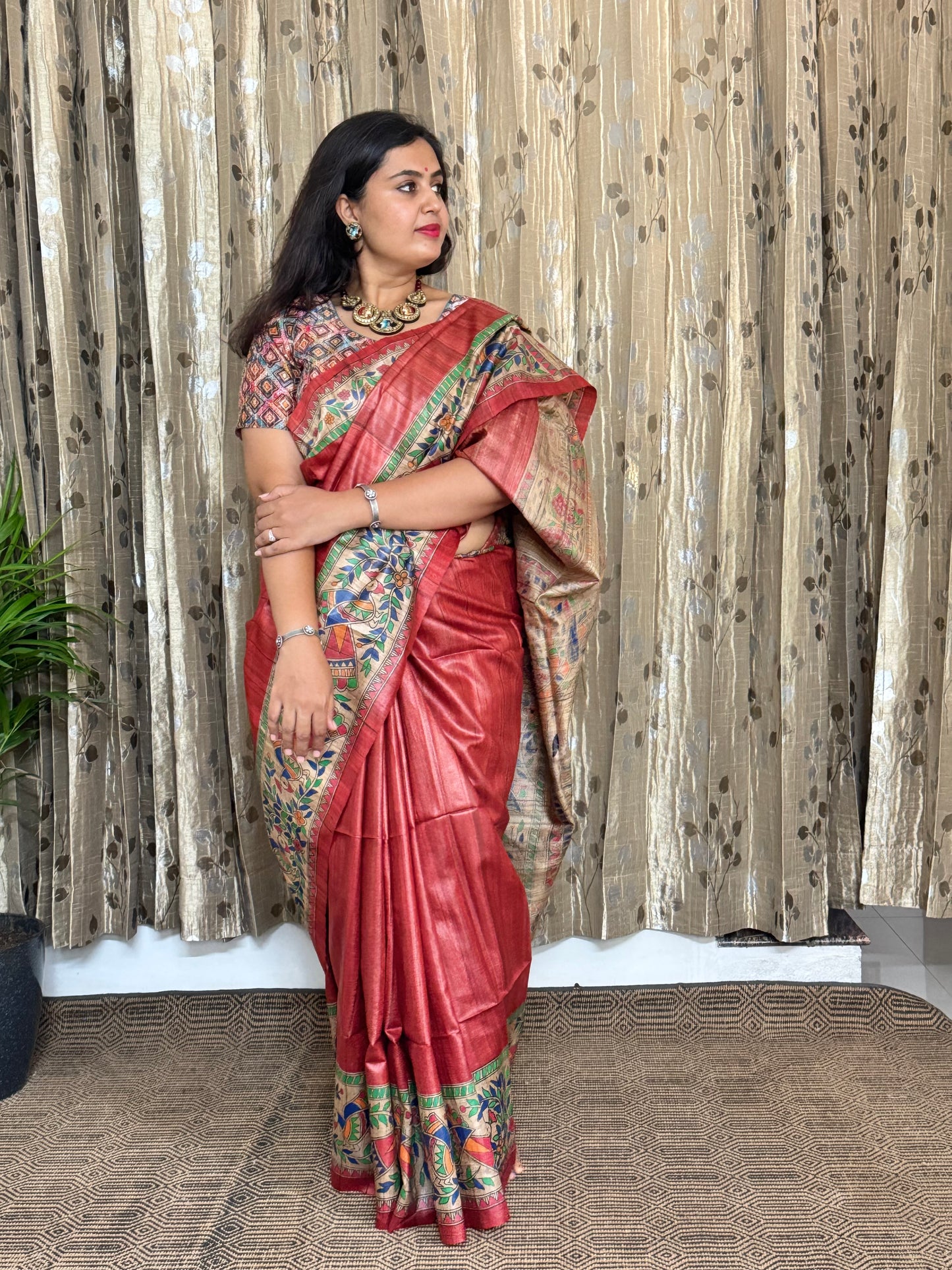 Red Tussar Ghicha Madhubani Silk Saree