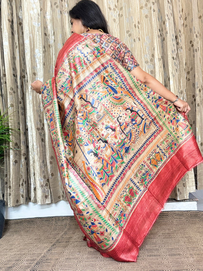 Red Tussar Ghicha Madhubani Silk Saree