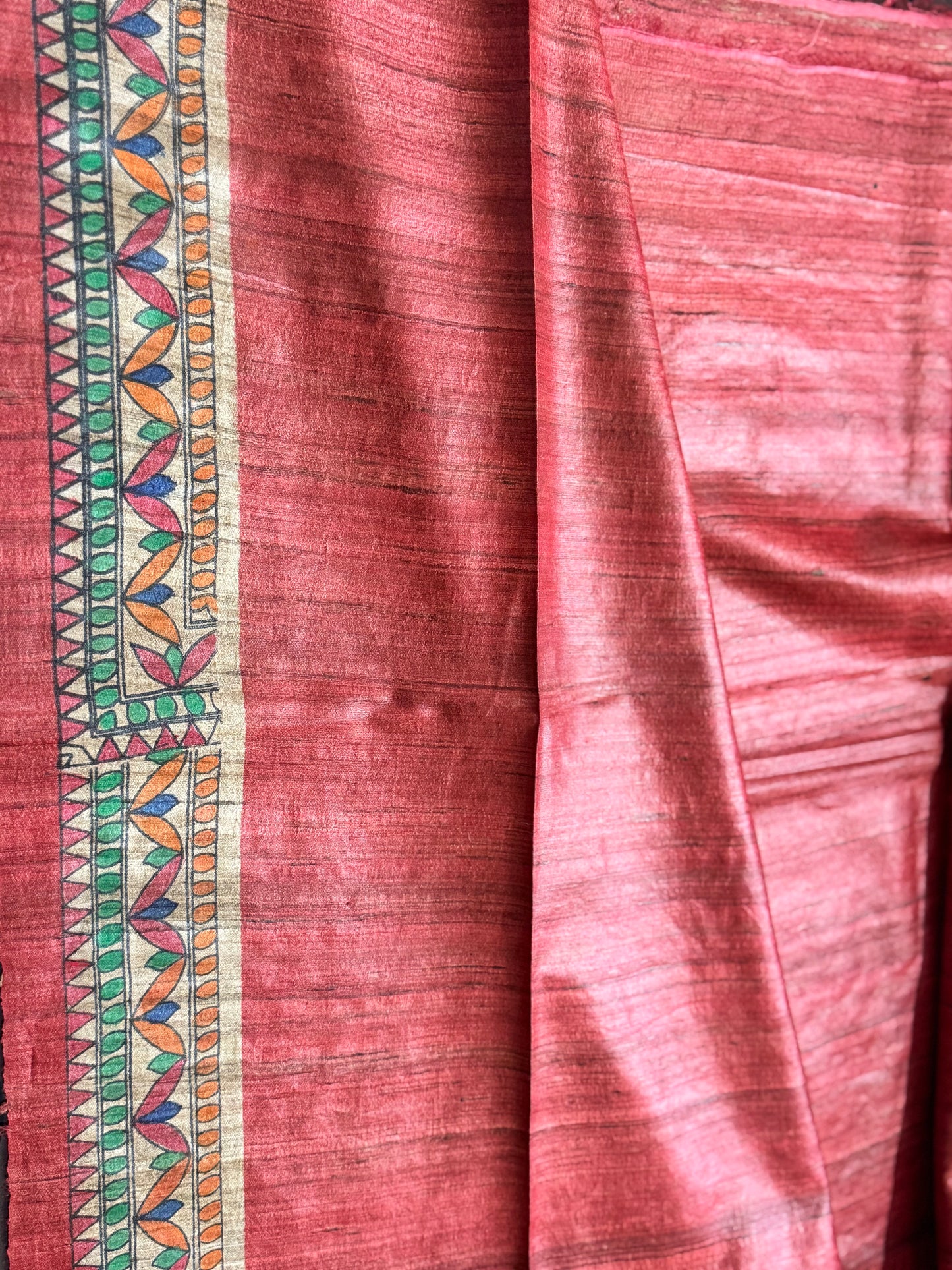 Red Tussar Ghicha Madhubani Silk Saree