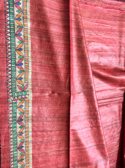 Red Tussar Ghicha Madhubani Silk Saree
