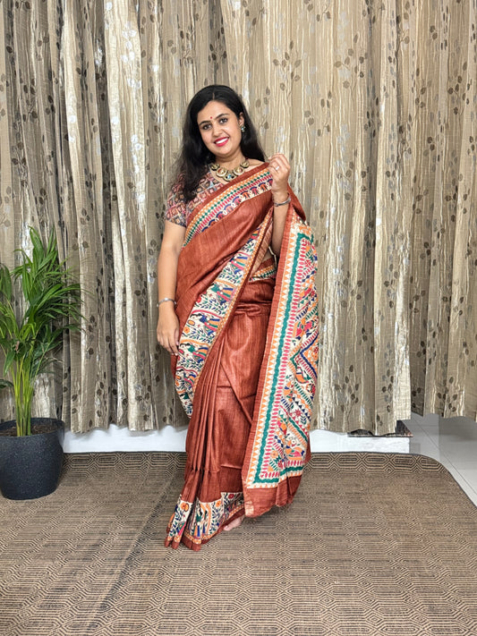 Brown Pure Tussar Ghicha Madhubani Silk Saree