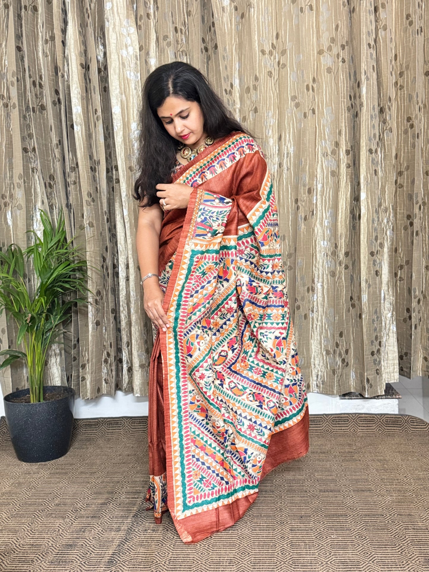 Brown Pure Tussar Ghicha Madhubani Silk Saree
