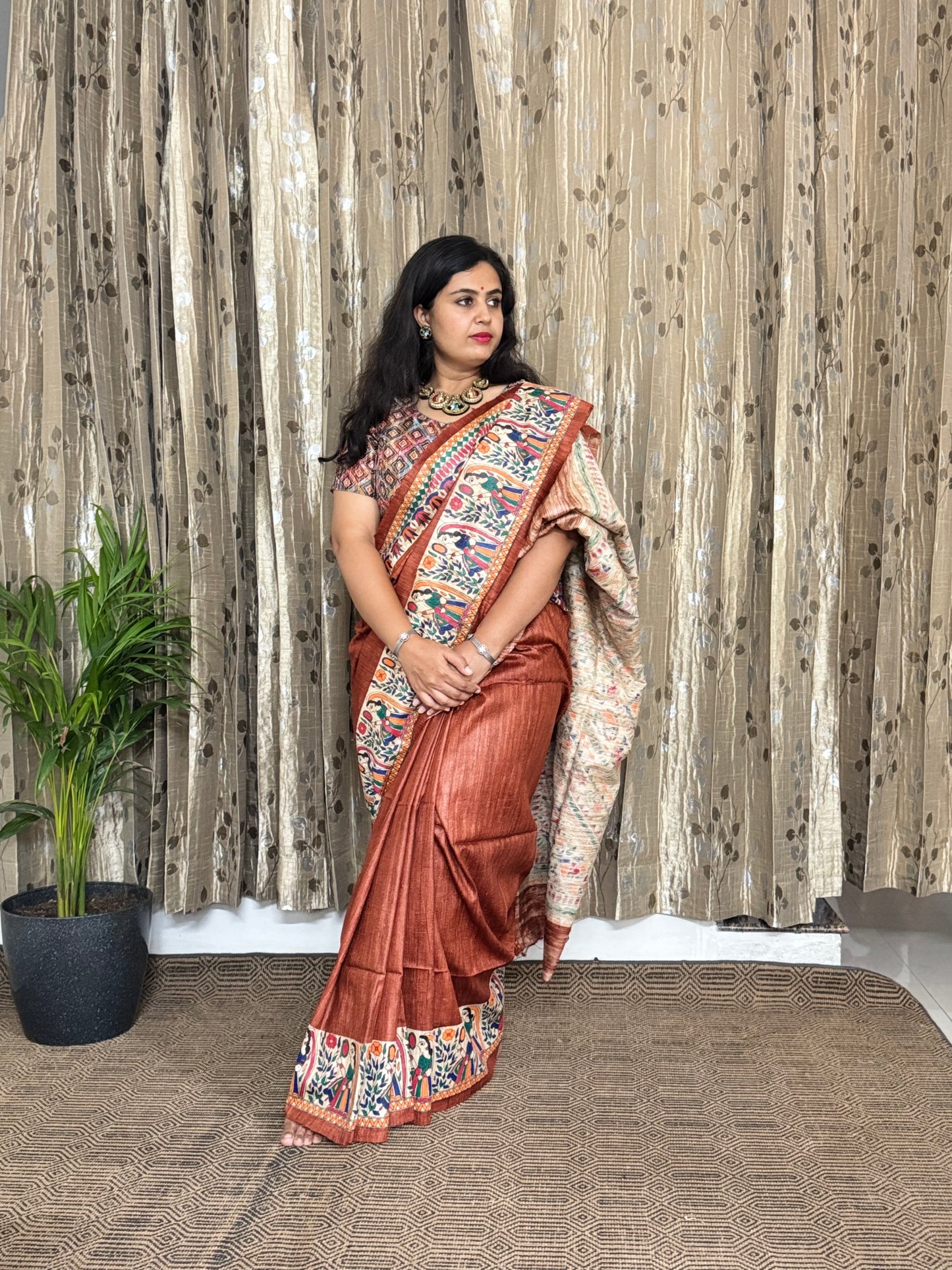 Brown Pure Tussar Ghicha Madhubani Silk Saree