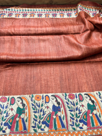 Brown Pure Tussar Ghicha Madhubani Silk Saree
