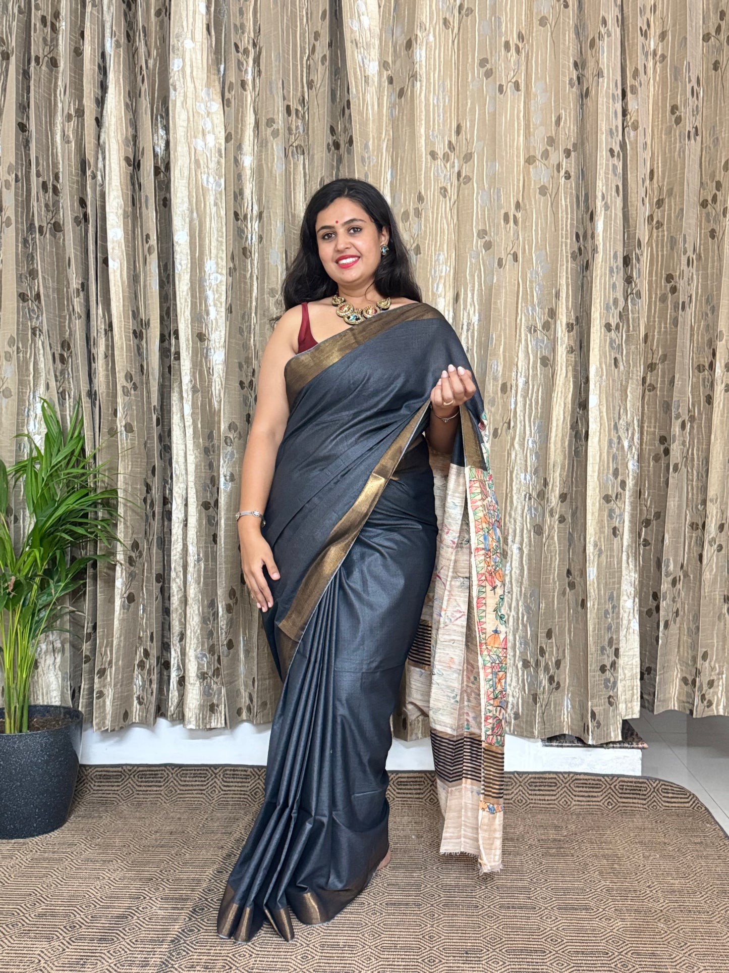Charcoal Black Tussar Moonga Madhubani Silk Saree