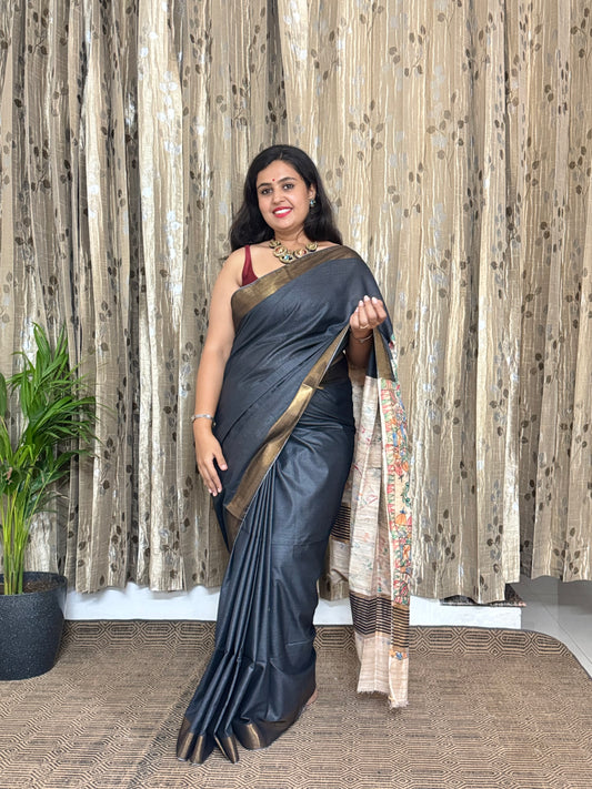 Charcoal Black Tussar Moonga Madhubani Silk Saree