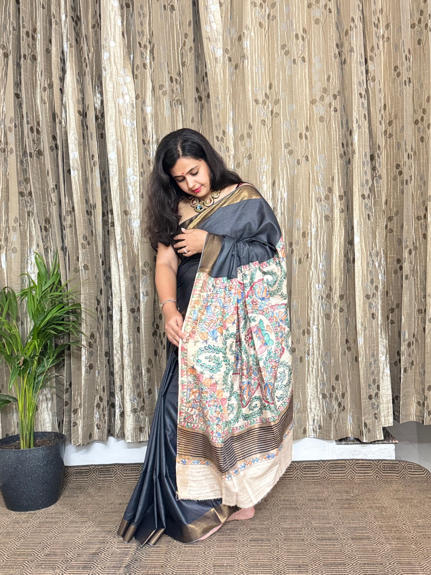 Charcoal Black Tussar Moonga Madhubani Silk Saree