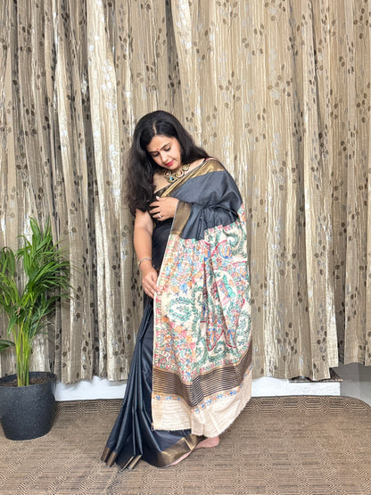 Charcoal Black Tussar Moonga Madhubani Silk Saree