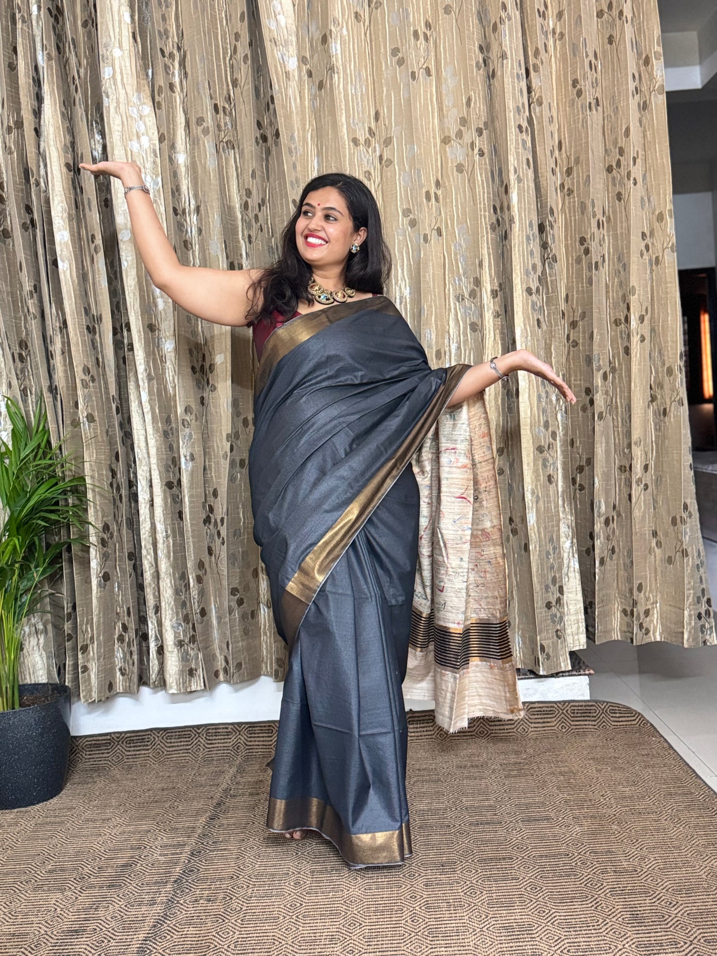 Charcoal Black Tussar Moonga Madhubani Silk Saree