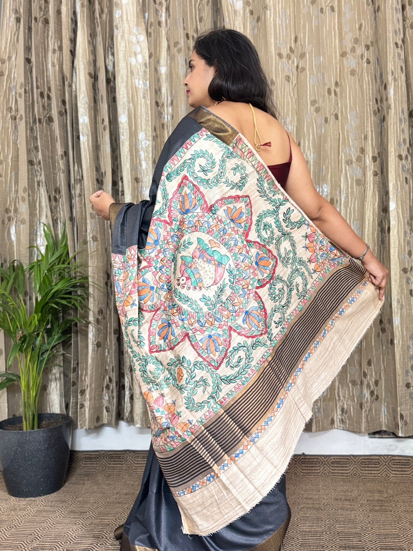 Charcoal Black Tussar Moonga Madhubani Silk Saree