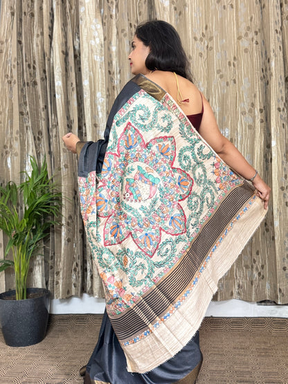 Charcoal Black Tussar Moonga Madhubani Silk Saree