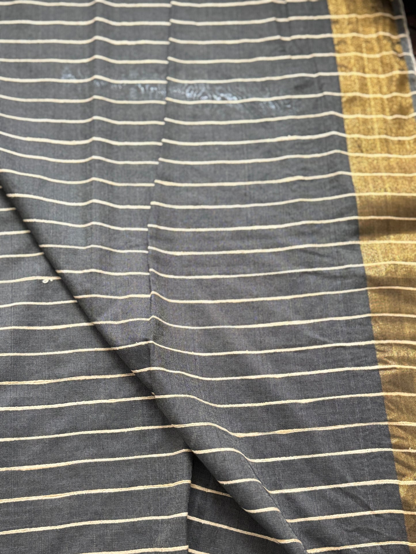 Charcoal Black Tussar Moonga Madhubani Silk Saree