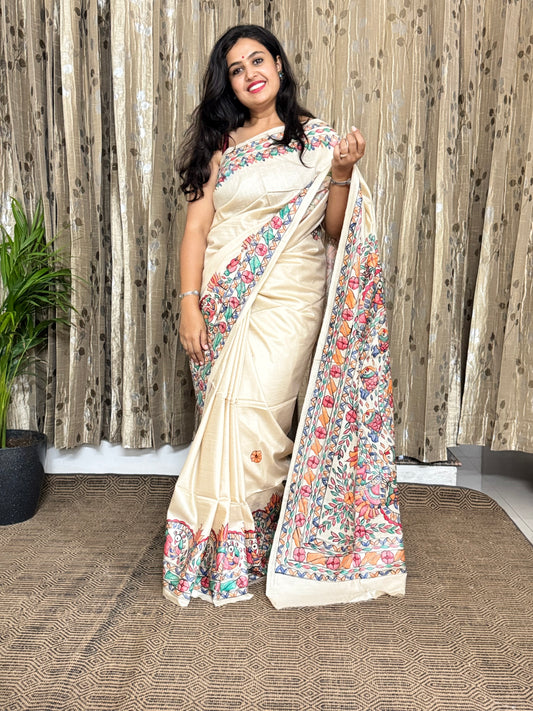 Beige Pure Tussar Madhubani Silk Saree