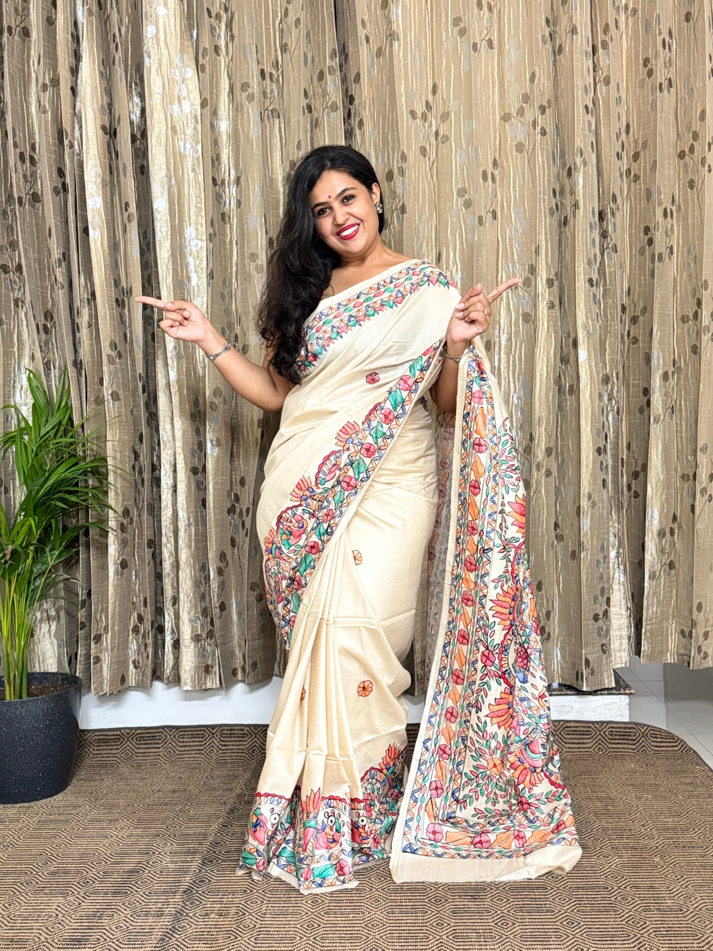 Beige Pure Tussar Madhubani Silk Saree
