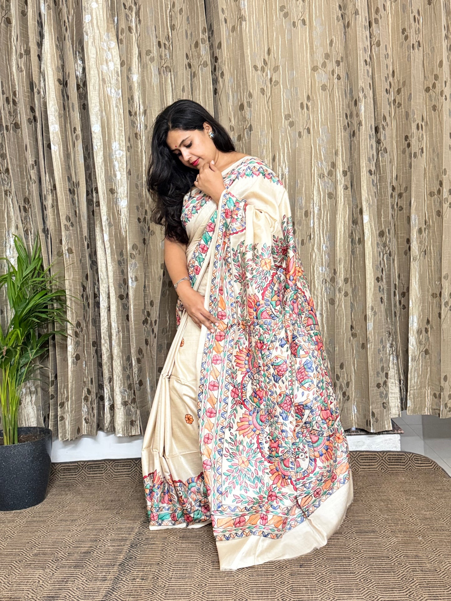 Beige Pure Tussar Madhubani Silk Saree