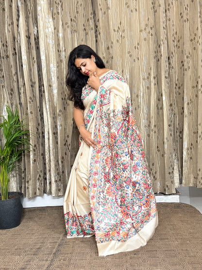 Beige Pure Tussar Madhubani Silk Saree