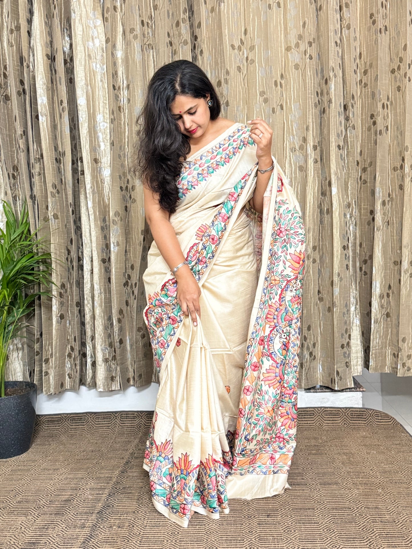 Beige Pure Tussar Madhubani Silk Saree