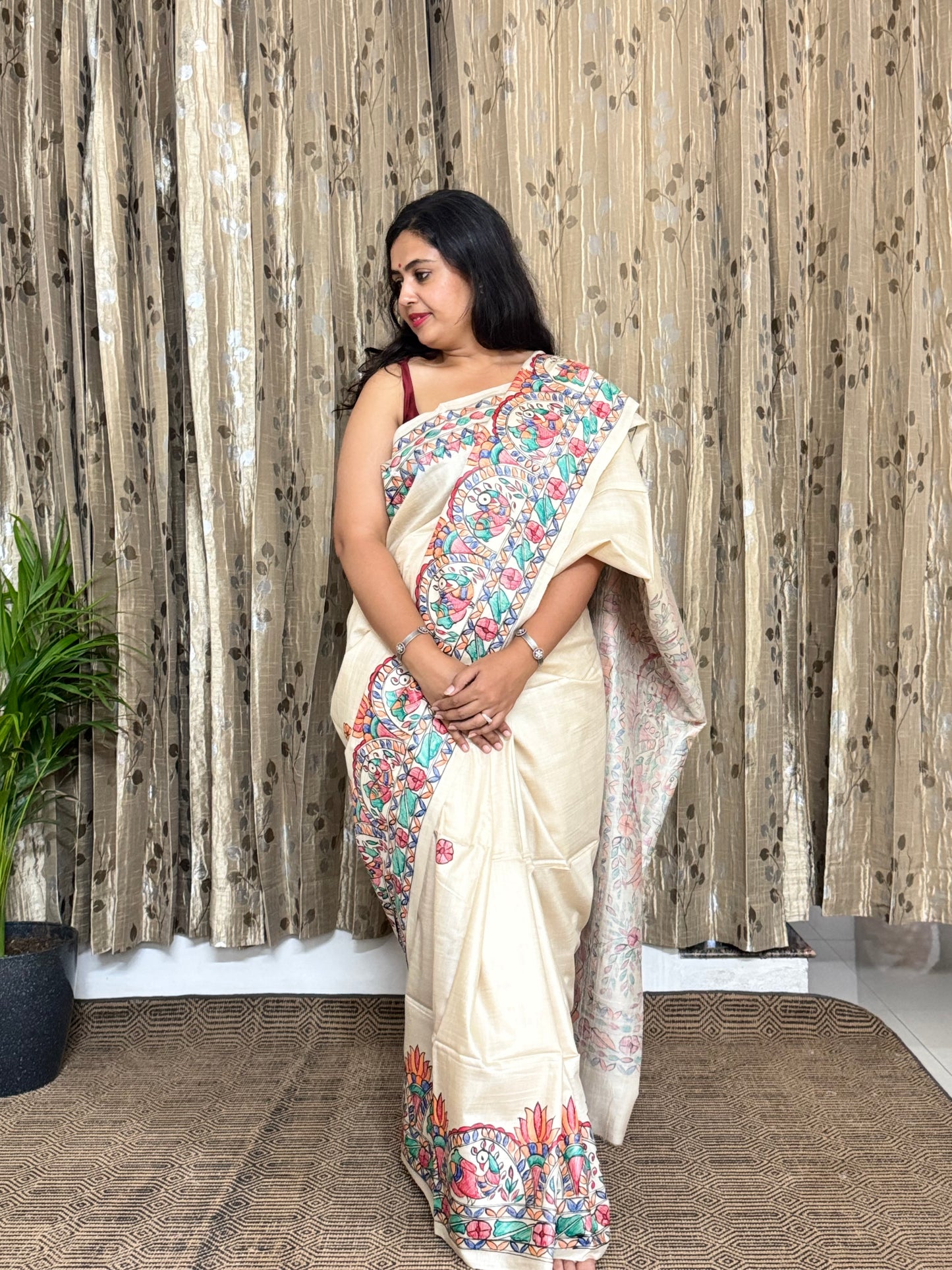 Beige Pure Tussar Madhubani Silk Saree