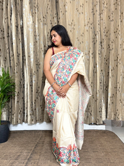 Beige Pure Tussar Madhubani Silk Saree
