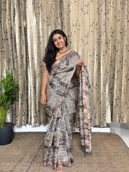 Grey Tussar Ghicha Hand Blockprinted Silk Saree