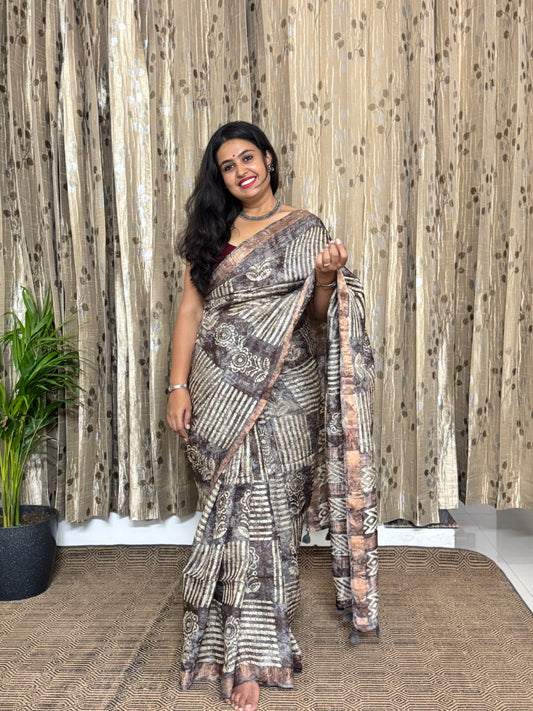 Grey Tussar Ghicha Hand Blockprinted Silk Saree