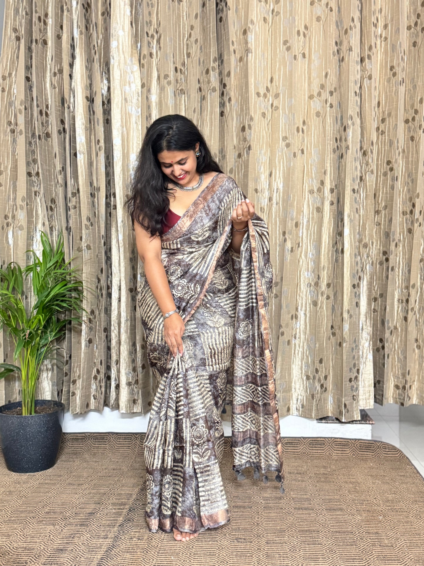 Grey Tussar Ghicha Hand Blockprinted Silk Saree
