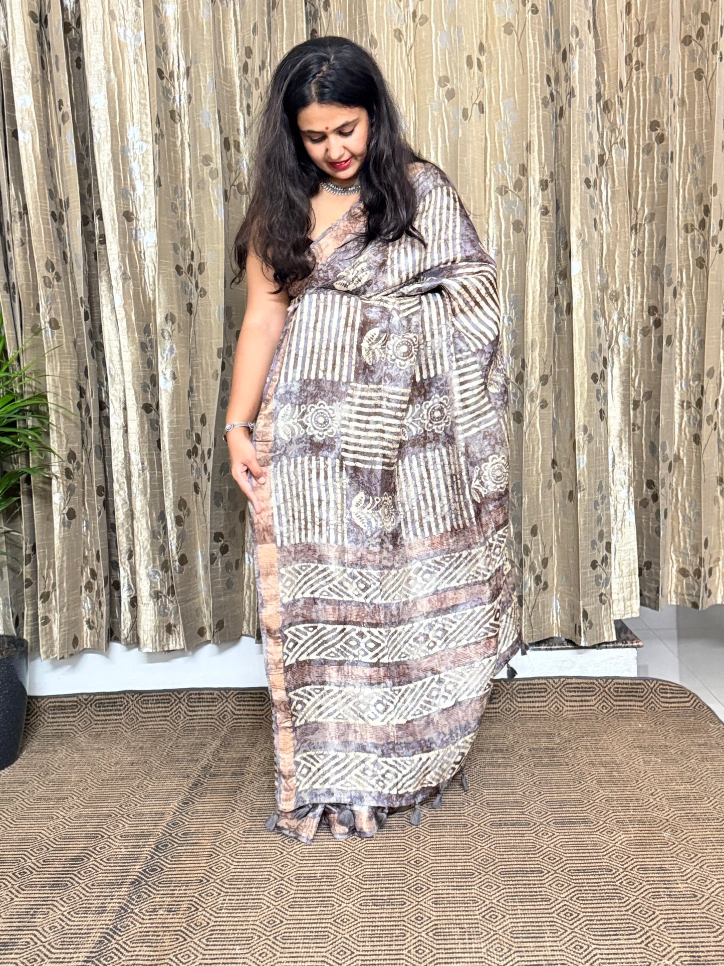 Grey Tussar Ghicha Hand Blockprinted Silk Saree