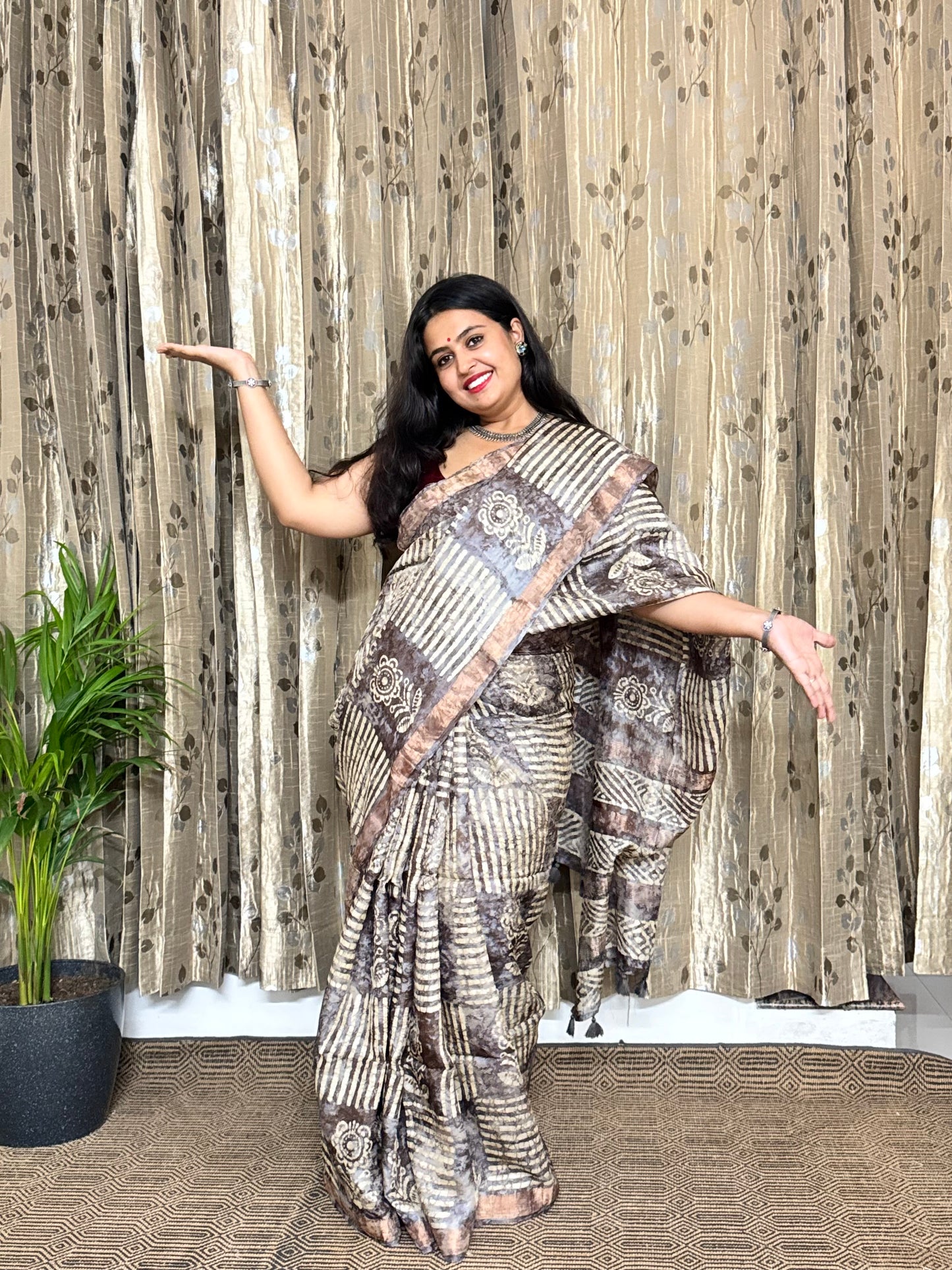 Grey Tussar Ghicha Hand Blockprinted Silk Saree