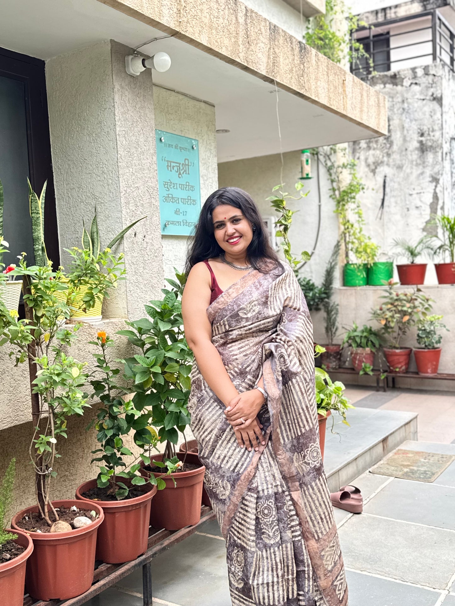 Grey Tussar Ghicha Hand Blockprinted Silk Saree