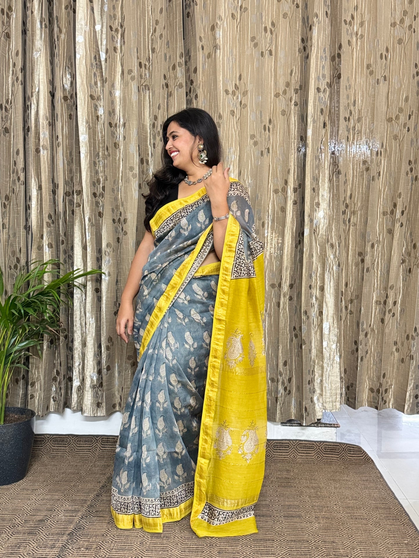 Ice Blue and Yellow Maheshwari Cotton Zari Saree