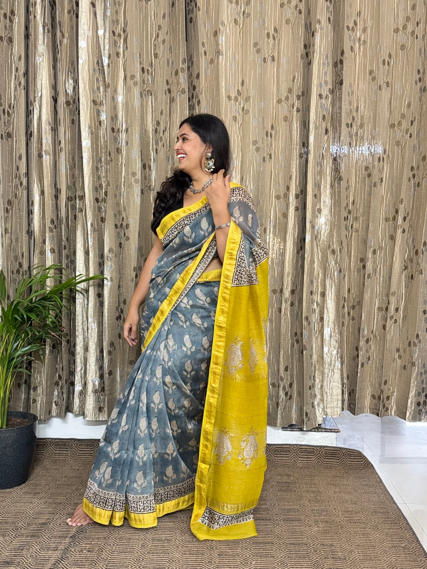 Ice Blue and Yellow Maheshwari Cotton Zari Saree
