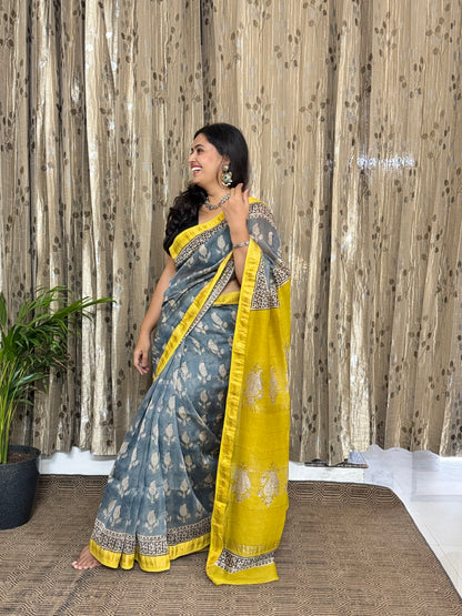 Ice Blue and Yellow Maheshwari Cotton Zari Saree