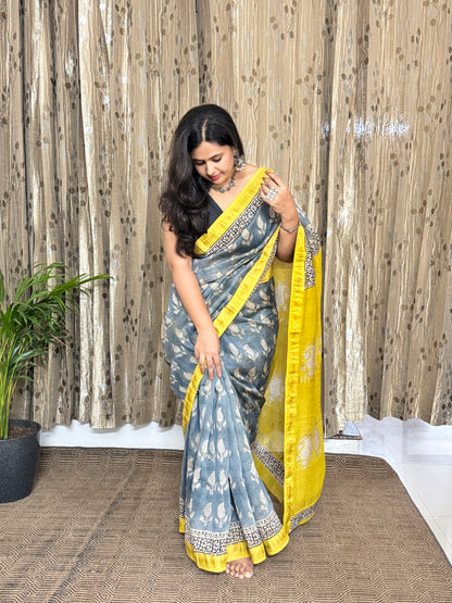 Ice Blue and Yellow Maheshwari Cotton Zari Saree