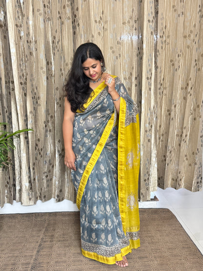 Ice Blue and Yellow Maheshwari Cotton Zari Saree
