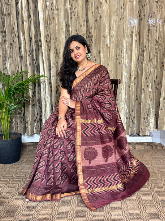 Brown Maheshwari Cotton Zari Saree